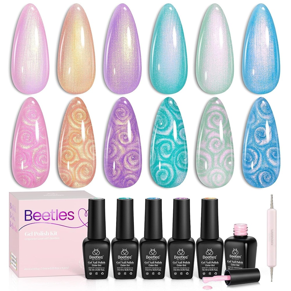 image:imageBeetles Summer Gel Nail Polish Set 5 Winter Colors Dark Blue Glitter White Light Blue Silver Gel Polish with Sealing Gel Sugar Dust Powder Nail Sticker UV LED Needed Gifts for Women Sparkling SnowPink Purple Orange