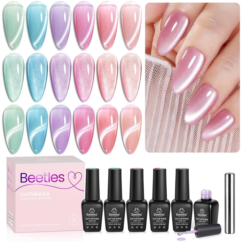 image:imageBeetles Summer Gel Nail Polish Set 5 Winter Colors Dark Blue Glitter White Light Blue Silver Gel Polish with Sealing Gel Sugar Dust Powder Nail Sticker UV LED Needed Gifts for Women Sparkling Snow00Fairy Garden Cat Eye