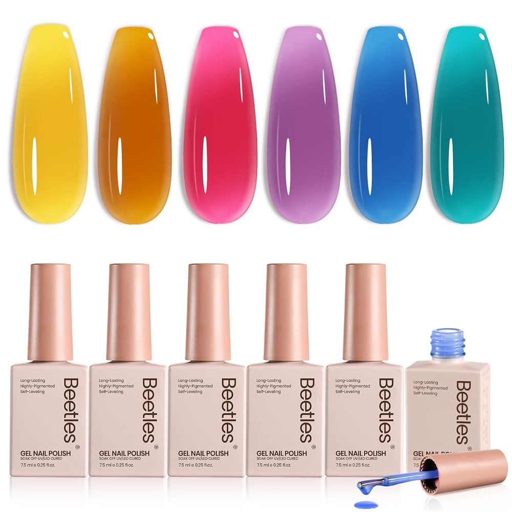 image:imageBeetles Summer Gel Nail Polish Set 5 Winter Colors Dark Blue Glitter White Light Blue Silver Gel Polish with Sealing Gel Sugar Dust Powder Nail Sticker UV LED Needed Gifts for Women Sparkling SnowLuminous Cocktail