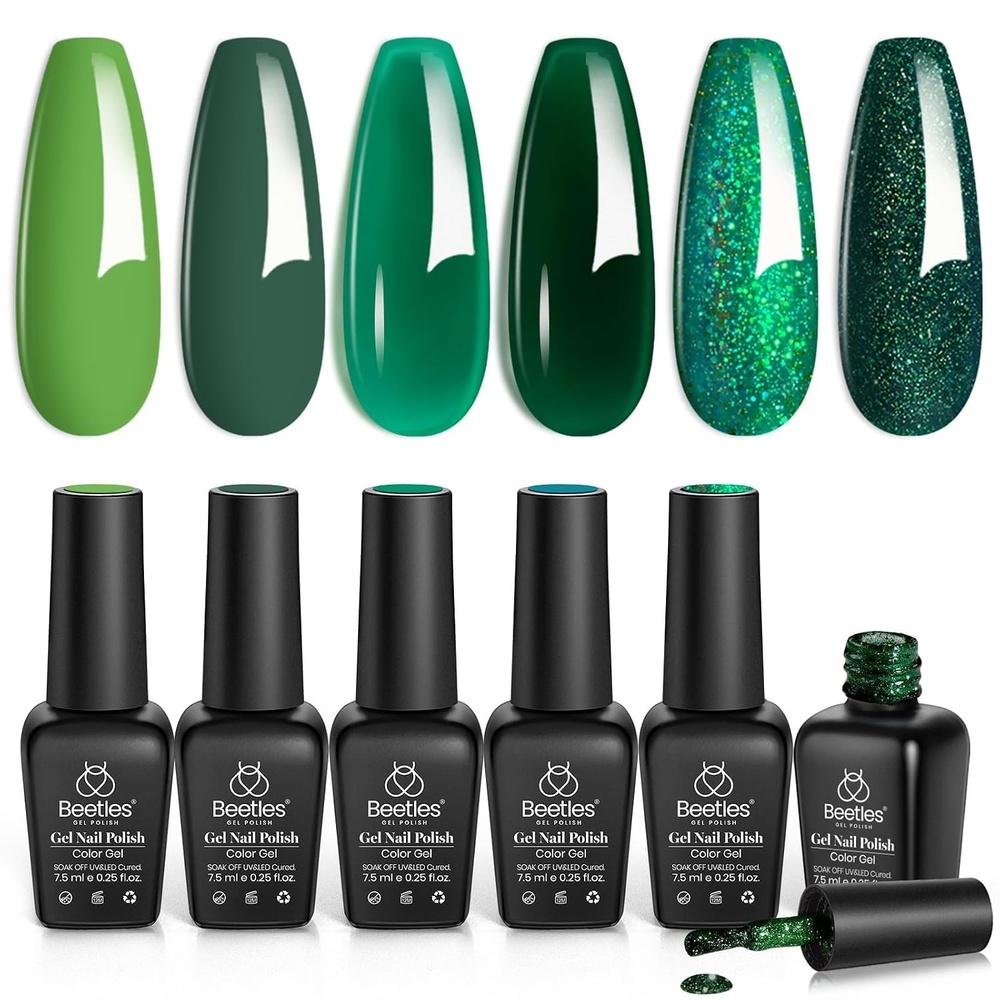 image:imageBeetles Summer Gel Nail Polish Set 5 Winter Colors Dark Blue Glitter White Light Blue Silver Gel Polish with Sealing Gel Sugar Dust Powder Nail Sticker UV LED Needed Gifts for Women Sparkling Snow000Green Teal