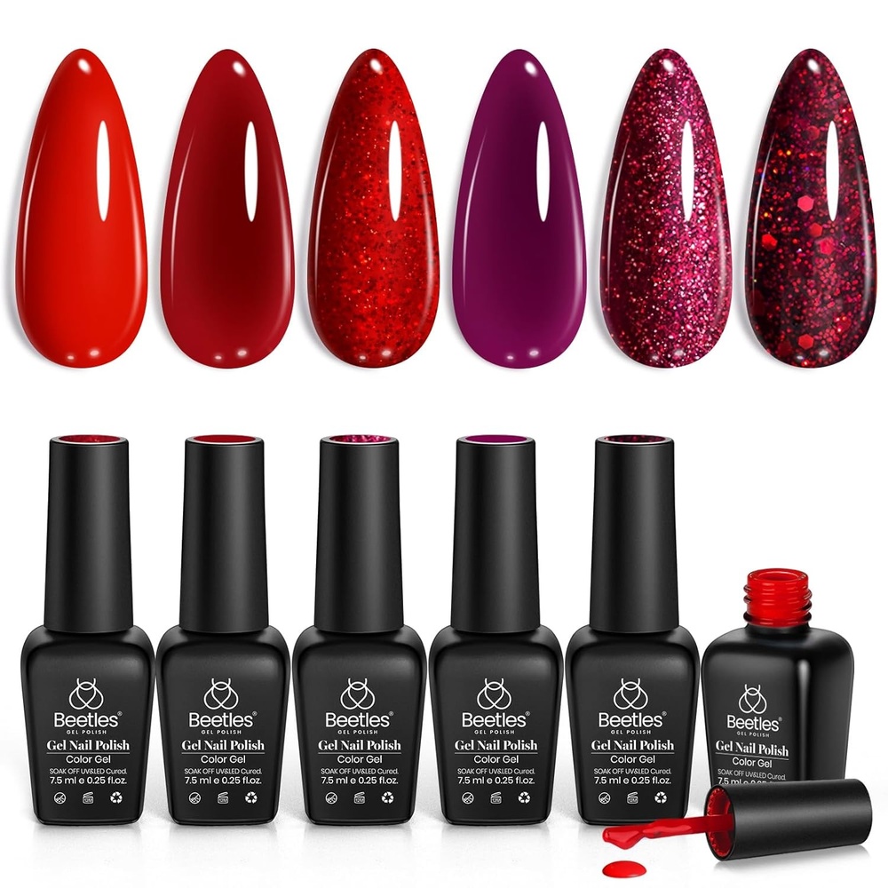 image:imageBeetles Summer Gel Nail Polish Set 5 Winter Colors Dark Blue Glitter White Light Blue Silver Gel Polish with Sealing Gel Sugar Dust Powder Nail Sticker UV LED Needed Gifts for Women Sparkling Snow00Poinsettia