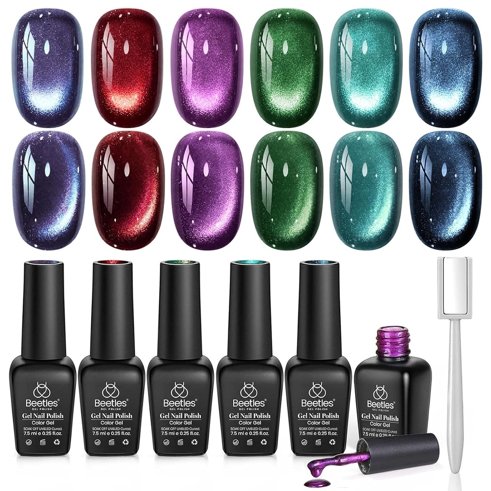 image:imageBeetles Summer Gel Nail Polish Set 5 Winter Colors Dark Blue Glitter White Light Blue Silver Gel Polish with Sealing Gel Sugar Dust Powder Nail Sticker UV LED Needed Gifts for Women Sparkling Snow000Galaxy Beam