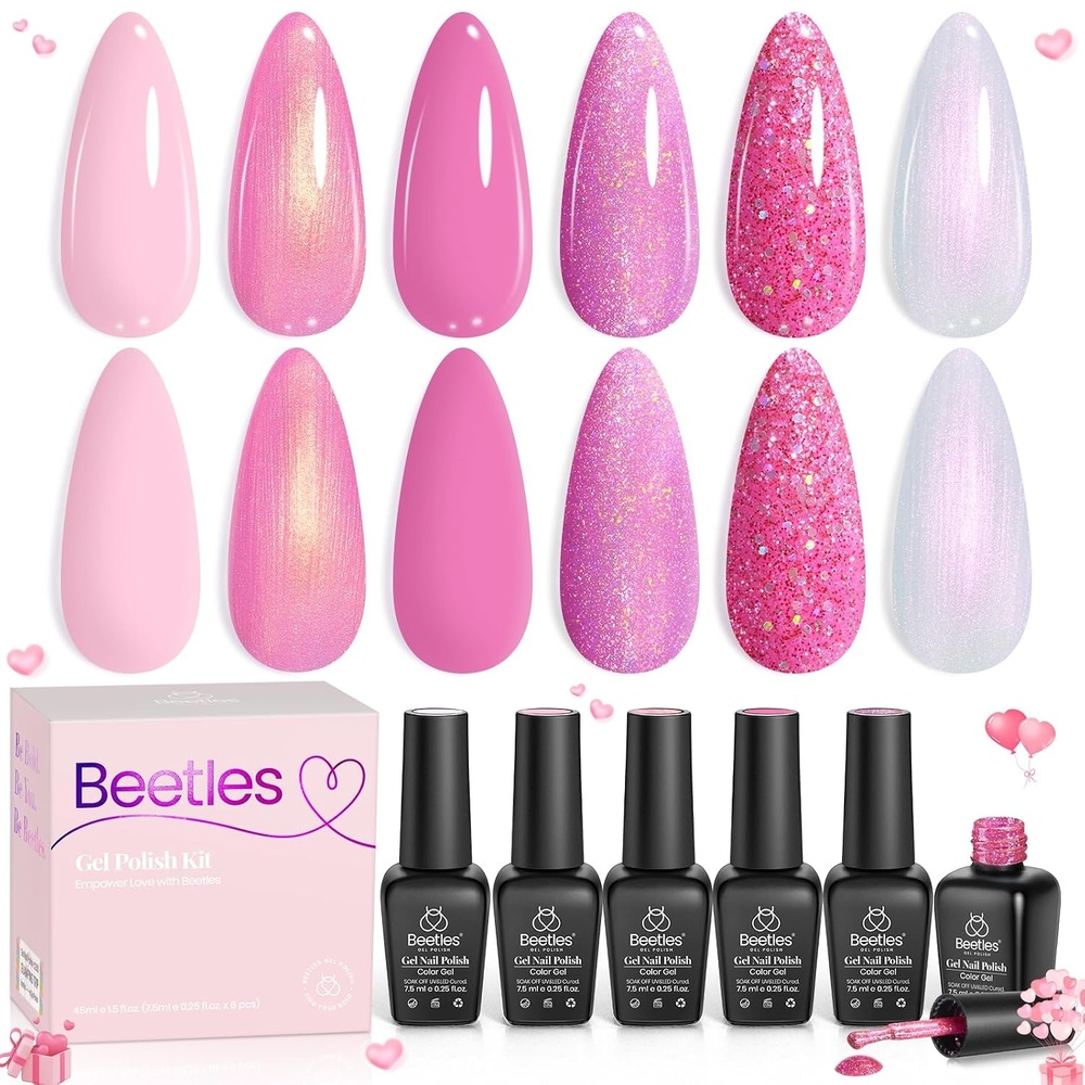 image:imageBeetles Summer Gel Nail Polish Set 5 Winter Colors Dark Blue Glitter White Light Blue Silver Gel Polish with Sealing Gel Sugar Dust Powder Nail Sticker UV LED Needed Gifts for Women Sparkling SnowPink Reverie
