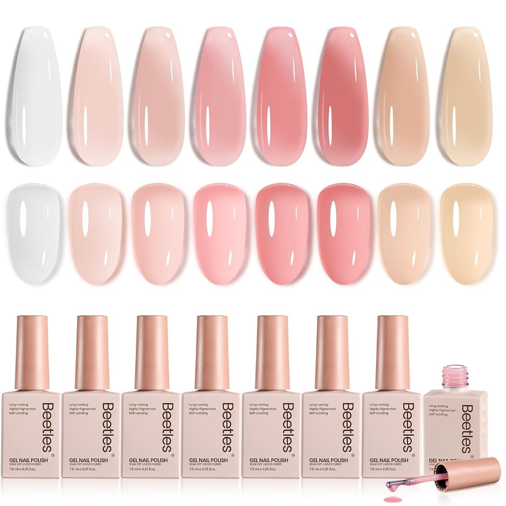 image:imageBeetles Summer Gel Nail Polish Set 5 Winter Colors Dark Blue Glitter White Light Blue Silver Gel Polish with Sealing Gel Sugar Dust Powder Nail Sticker UV LED Needed Gifts for Women Sparkling Snow008Color Classic Jelly Nude