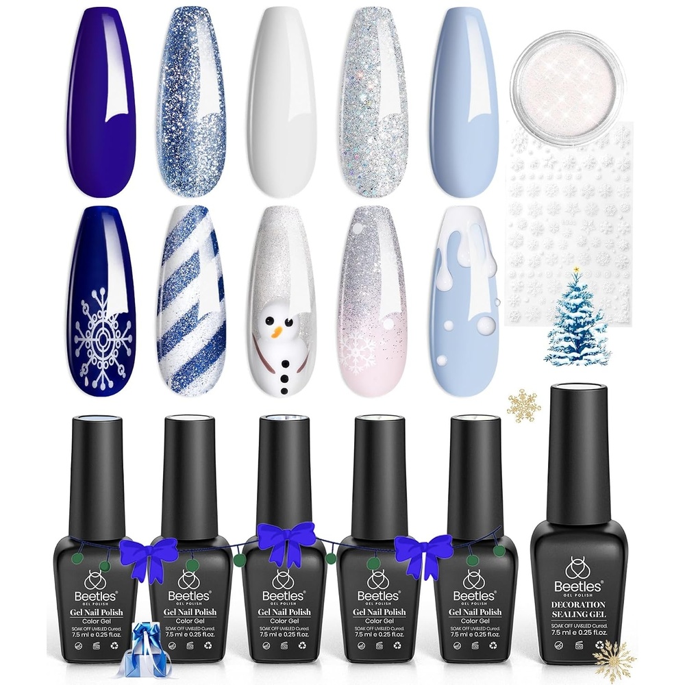 image:imageBeetles Summer Gel Nail Polish Set 5 Winter Colors Dark Blue Glitter White Light Blue Silver Gel Polish with Sealing Gel Sugar Dust Powder Nail Sticker UV LED Needed Gifts for Women Sparkling Snow000Sparkling Snow