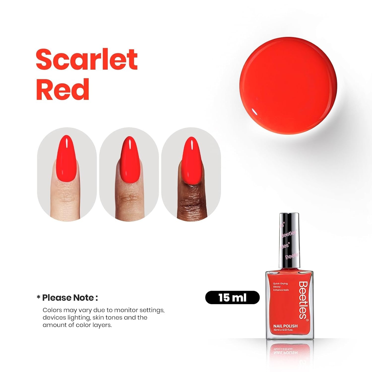 image:imageBeetles Dark Brown Nail Polish Quick Dry Regular Nail Polish Chocolate Mocha Brown Nail Polish Air Dry No UV Lamp Needed for DIY At Home Manicure 051Fl Oz15MLScarlet Red